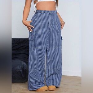 NWOT Women’s Stylish Cargo Striped Wide-Leg Loose Fit Casual Denim Jean Pants